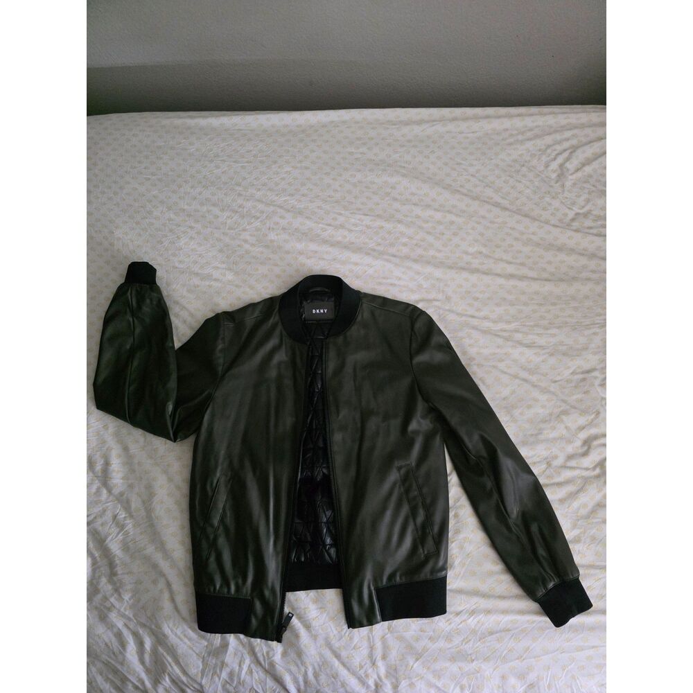 DKNY Navy Green Quilted Leather Bomber Jacket Size Small